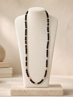 Black Onyx and Pink Coral Necklace 24"